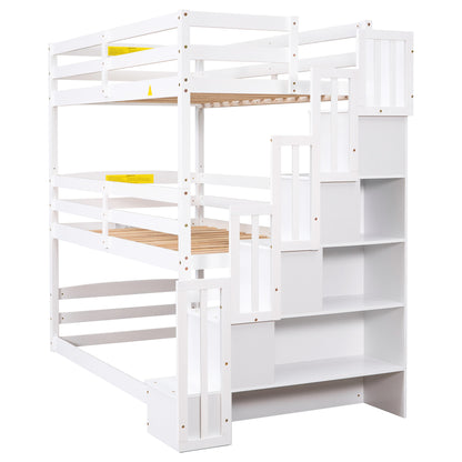 Twin Size Triple Bunk Bed with Storage Staircase,Separate Design,White