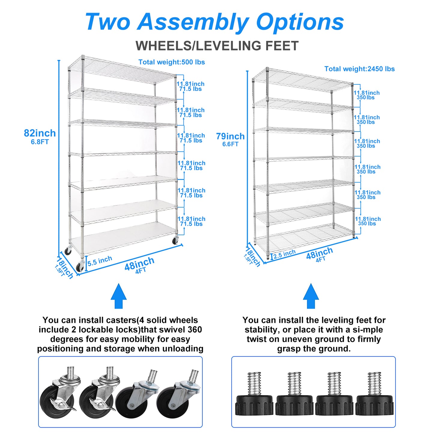 7 Tier Wire Shelving Unit, 2450 LBS NSF Height Adjustable Metal Garage Storage Shelves with Wheels, Heavy Duty Storage Wire Rack Metal Shelves - Chrome