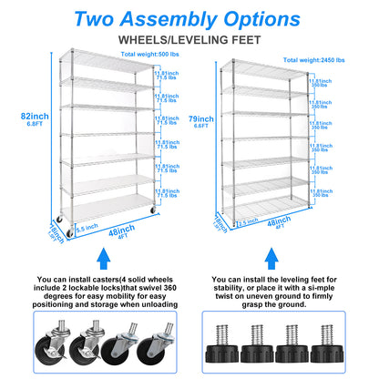 7 Tier Wire Shelving Unit, 2450 LBS NSF Height Adjustable Metal Garage Storage Shelves with Wheels, Heavy Duty Storage Wire Rack Metal Shelves - Chrome