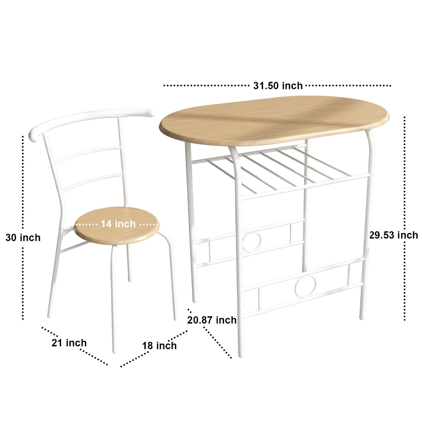 Space Saving Table Set Round Bistro Table Set Kitchen Rack Table and Wooden Chairs for Small Spaces Outdoor bar Table and Chairs Set，Light Brown & White，one set of three pcs. Light Brown.