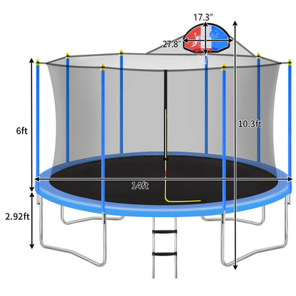 14FT Trampoline for Kids with Safety Enclosure Net, Basketball Hoop and Ladder, Easy Assembly Round Outdoor Recreational Trampoline