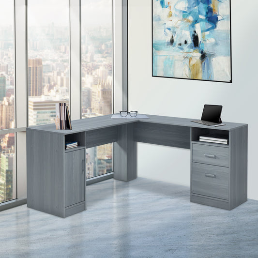 Techni Mobili Functional L-Shape Desk with Storage, Grey