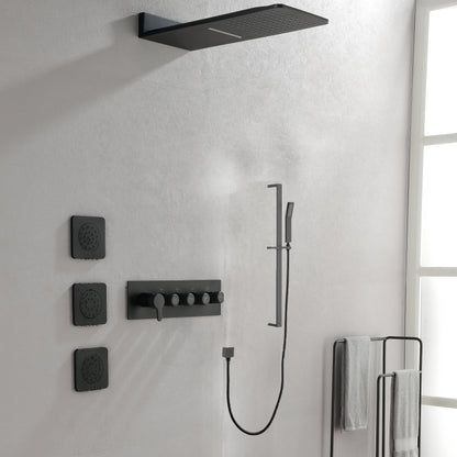 Wall Mounted Waterfall Rain Shower System With 3 Body Sprays & Handheld Shower   Series Dual Function Pressure Balanced Shower System with Integrated Volume Control, Shower Head, and Hand Shower