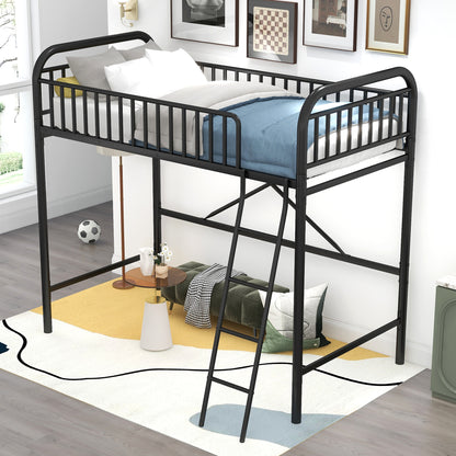 Twin Size Metal Loft Bed, No Box Spring Needed, Black (Old SKU:SM000222AAB)