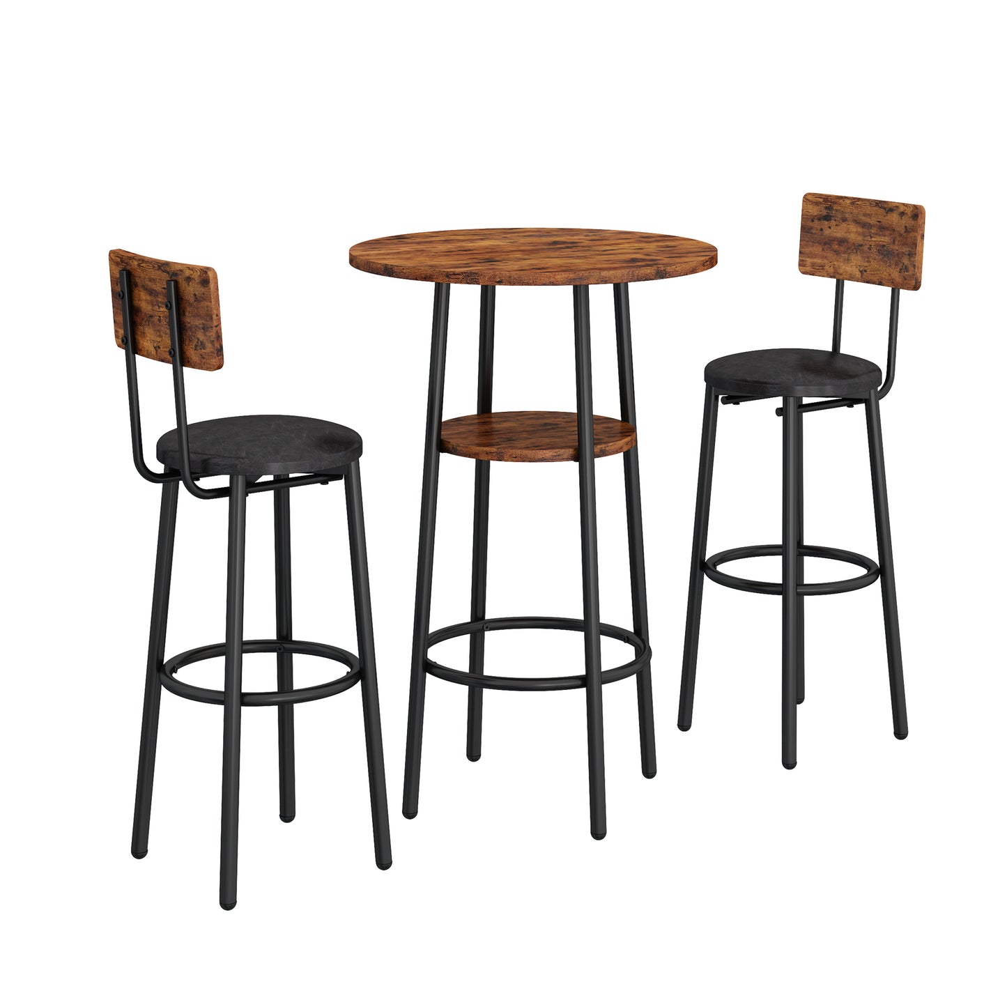 Double Layer Round Bar Table with 2 Bar Stools PU Soft Seat Back Breakfast table.(Rustic Brown,23.62’’w x 23.62’’d x 35.43’’h)