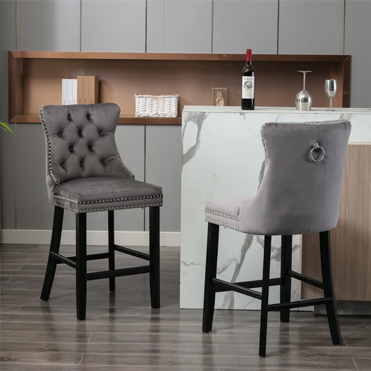 A&A Furniture,Contemporary Velvet Upholstered Barstools with Button Tufted Decoration and Wooden Legs, and Chrome Nailhead Trim, Leisure Style Bar Chairs,Bar stools, Set of 2 (Gray) 1902GY