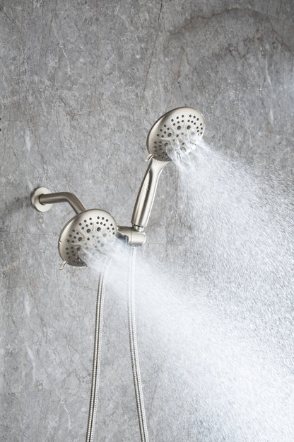 Shower System with Handheld Showerhead & Rain Shower Combo Set. High Pressure 35-Function Dual 2 in 1 Shower Faucet, patented 3-way Water Diverter in All-Brushed Nickel （Valve Include）