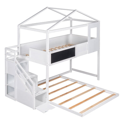 Twin over Full House Bunk Bed with Storage Staircase and Blackboard,White