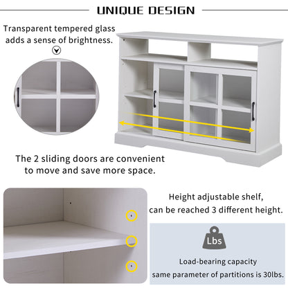 TREXM Modern Kitchen Sideboard Buffet with 2 Glass Sliding Doors and Adjustable Shelves Storage Cabinet for Dining Room (Antique White)