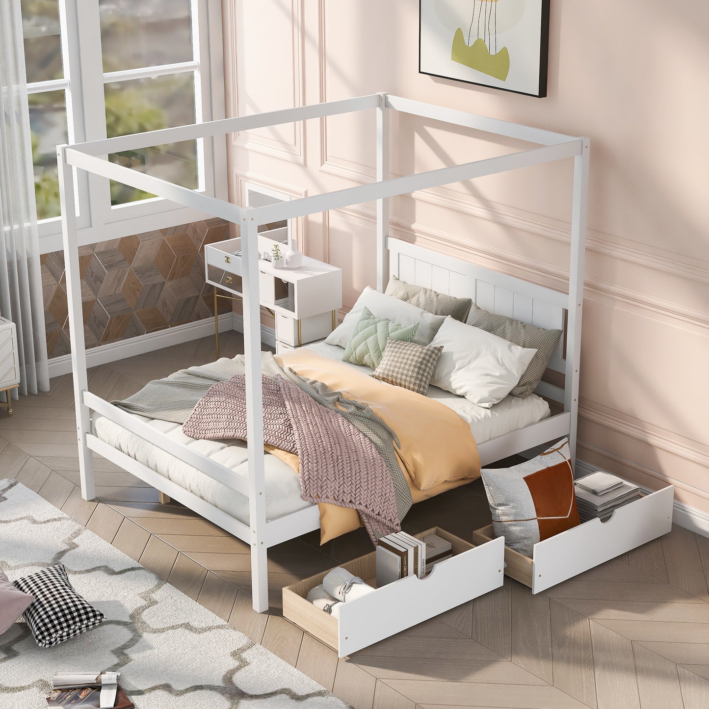 Full Size Canopy Platform Bed with Two Drawers,With Slat Support Leg,White