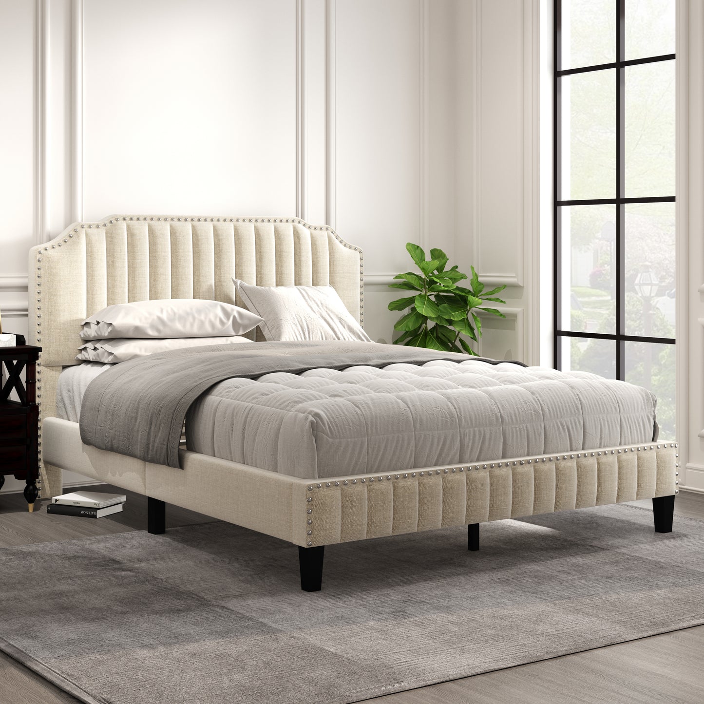 Modern Linen Curved Upholstered Platform Bed , Solid Wood Frame , Nailhead Trim, Cream (Queen)