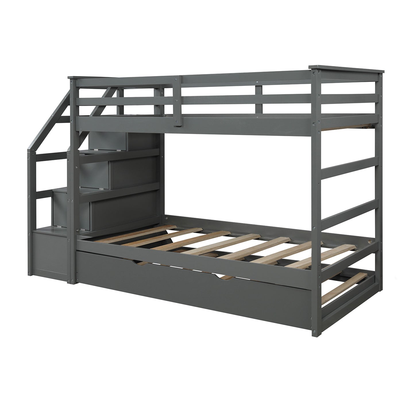 Twin-Over-Twin Bunk Bed with Twin Size Trundle and 3 Storage Stairs (Gray)