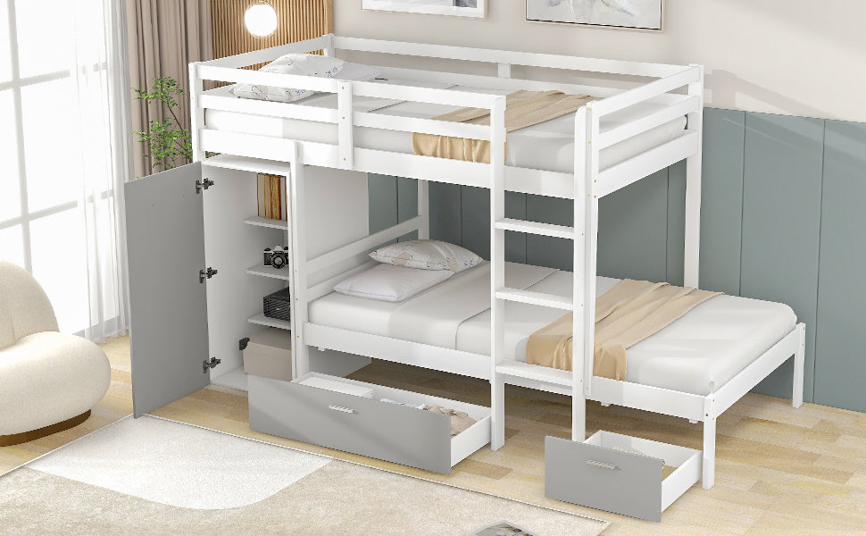 Twin over Twin Bunk Bed with Built-in Storage Wardrobe and Two Drawers, White