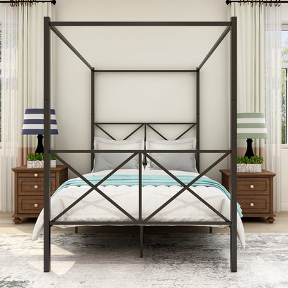 Metal Canopy Bed Frame, Platform Bed Frame  with X Shaped Frame Full Black