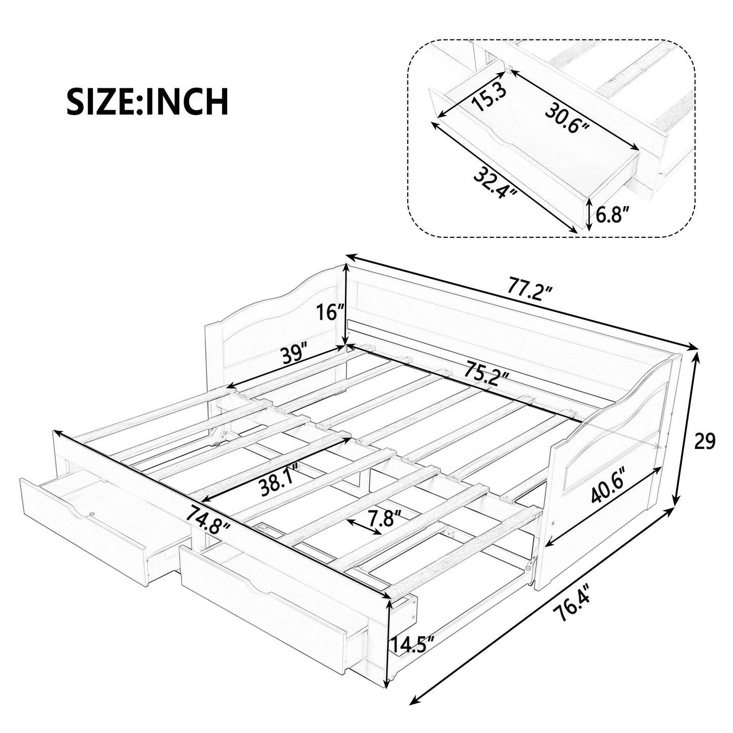 Wooden Daybed with Trundle Bed and Two Storage Drawers , Extendable Bed Daybed,Sofa Bed with Two Drawers, Espresso