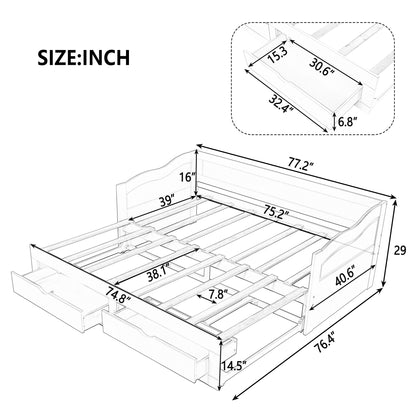 Wooden Daybed with Trundle Bed and Two Storage Drawers , Extendable Bed Daybed,Sofa Bed with Two Drawers, Espresso