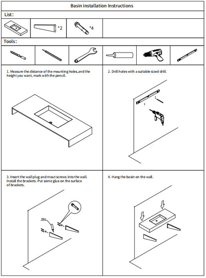 48inch Solid surface single basin including mounting fittings