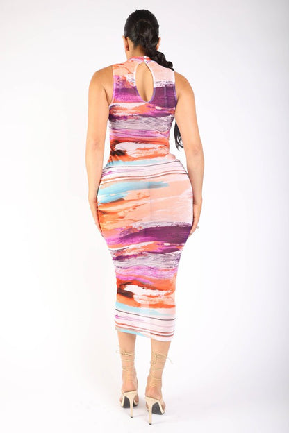 Sunset Printed Sleeveless Mock Neck Midi Dress