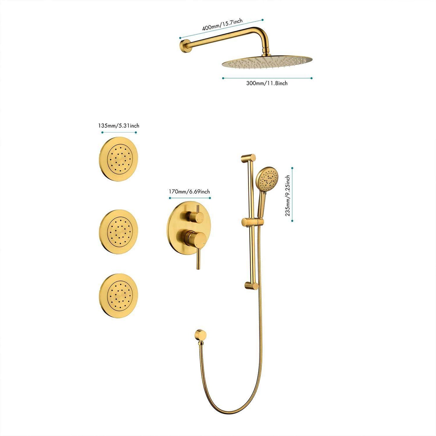 Shower System with Shower Head, Hand Shower, Slide Bar, Bodysprays, Shower Arm, Hose, Valve Trim, and Lever Handles