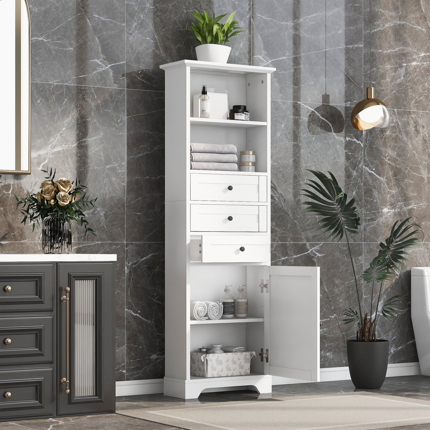 White Tall Storage Cabinet with 3 Drawers and Adjustable Shelves for Bathroom, Kitchen and Living Room, MDF Board with Painted Finish