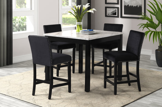 5-piece Counter Height Dining Table Set with One Faux Marble Dining Table and Four Upholstered-Seat Chairs， for Kitchen and Living room ,Table : 42" L x42" Wx36"H,Chair: 18.5" Lx23.2" Dx39.8" H,Black