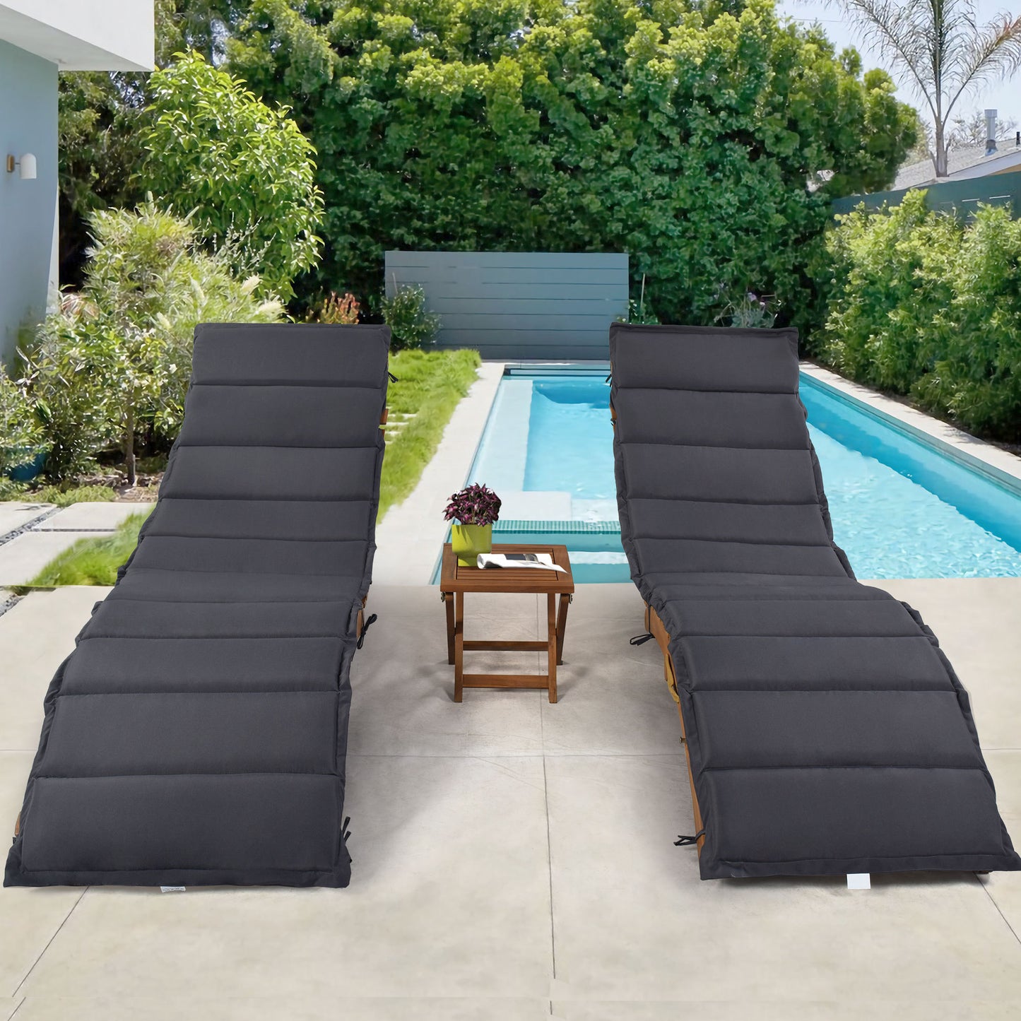 TOPMAX Outdoor Patio Wood Portable Extended Chaise Lounge Set with Foldable Tea Table for Balcony, Poolside, Garden, Brown Finish+Dark Gray Cushion