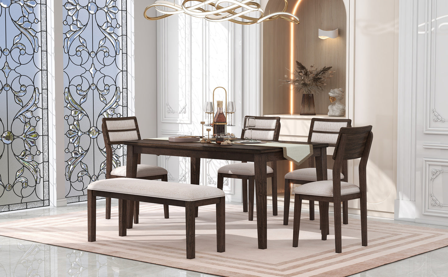 TREXM Classic and Traditional Style 6 - Piece Dining Set, Includes Dining Table, 4 Upholstered Chairs & Bench (Espresso)