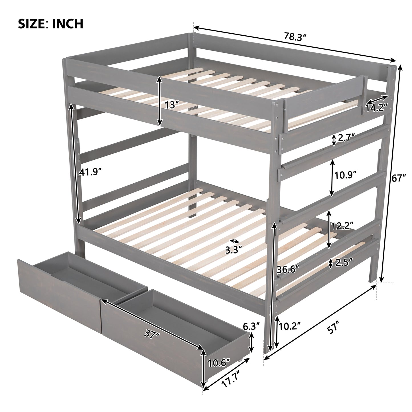 Full over Full Wood Bunk Bed with 2 Drawers, Gray