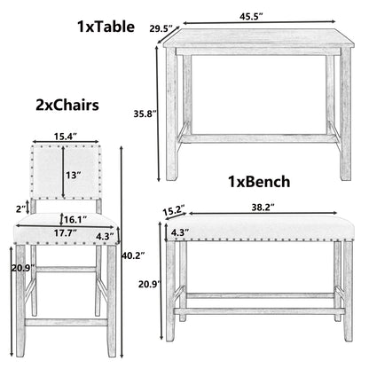 TOPMAX 4 Piece Rustic Wooden Counter Height Dining Table Set with Upholstered Bench for Small Places, Natural+Beige