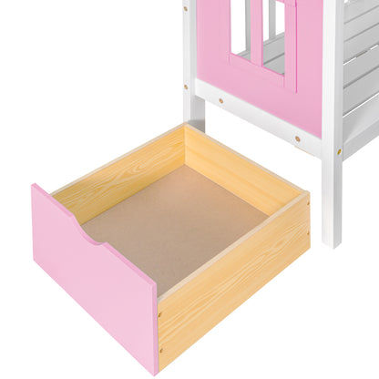 Twin-Over-Twin Bunk Bed with Changeable Table , Bunk Bed  Turn into Upper Bed and Down Desk with 2 Drawers - Pink