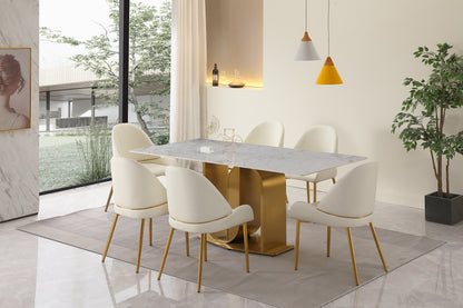 71" Contemporary Dining Table in Gold with Sintered Stone Top and  U shape Pedestal Base in Gold finish