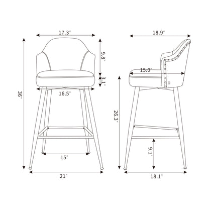 Set of 2 Counter Bar Stools, Fabric Upholstered Bar Stool with Nailhead Trim Back, Metal Legs in Matte Black, 25.59" H Seat Height