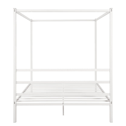 Metal Framed Canopy Platform Bed with Built-in Headboard,No Box Spring Needed, Classic Design, Queen ,White