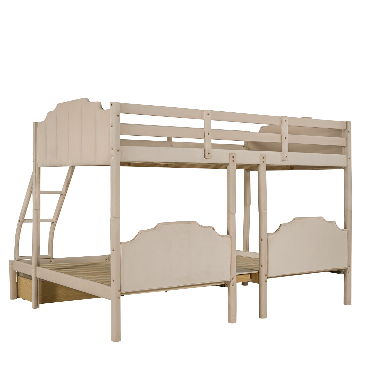 Full Over Twin & Twin Bunk Bed, Velvet Triple Bunk Bed with Drawers and Guardrails, Beige