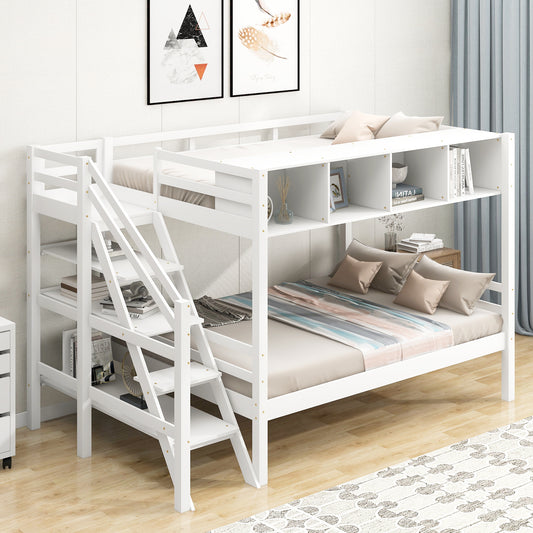 Twin over Full Bunk Bed with Staircase and Built-in Storage Cabinets,White