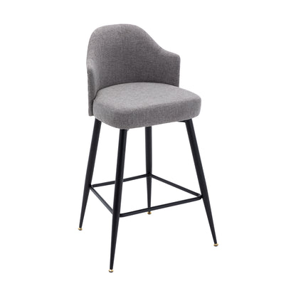 Set of 2 Counter Bar Stools, Fabric Upholstered Bar Stool with Nailhead Trim Back, Metal Legs in Matte Black, 25.59" H Seat Height