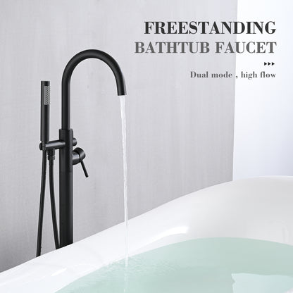 Freestanding Bathtub Faucet With Sprayer Floor Mount Tub Faucets Tub Filler With Hand Shower, Matte Black