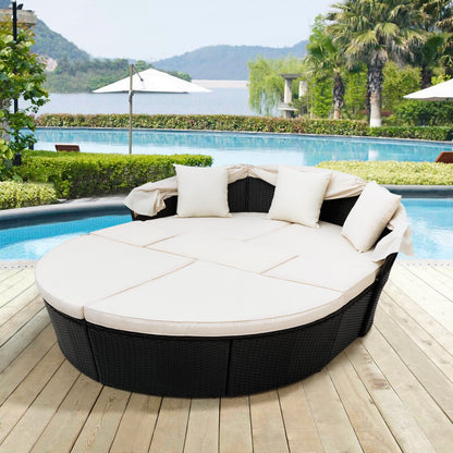 Outdoor rattan daybed sunbed with Retractable Canopy Wicker Furniture, Round Outdoor Sectional Sofa Set, black Wicker Furniture Clamshell  Seating with Washable Cushions, Backyard, Porch, Beige.