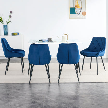 Kitchen Dining Room Metal legs Glass Table Set with 4 pcs blue velvet fabric dining chairs