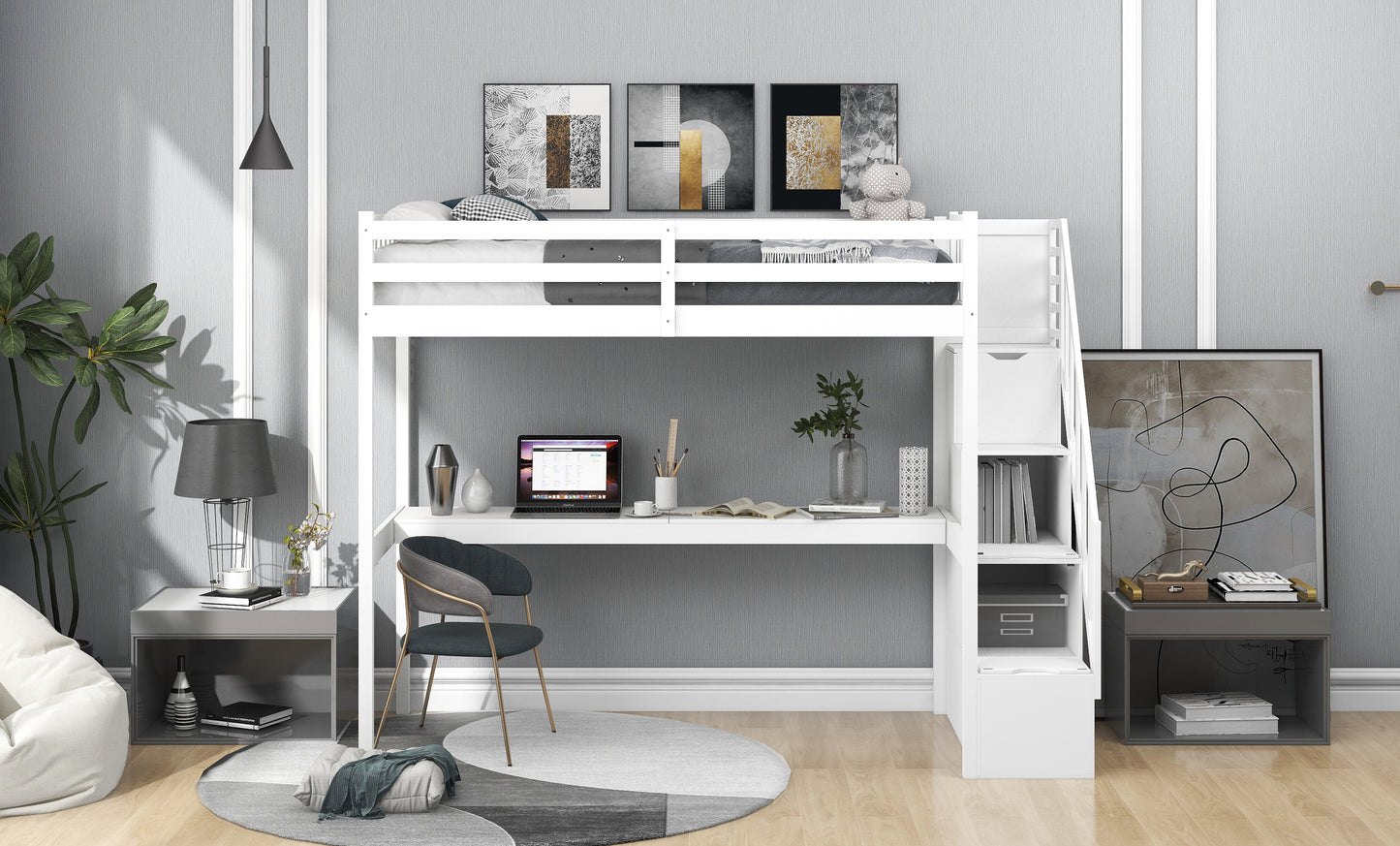 Twin Size Loft Bed with Staircase and Built-in Desk ,White