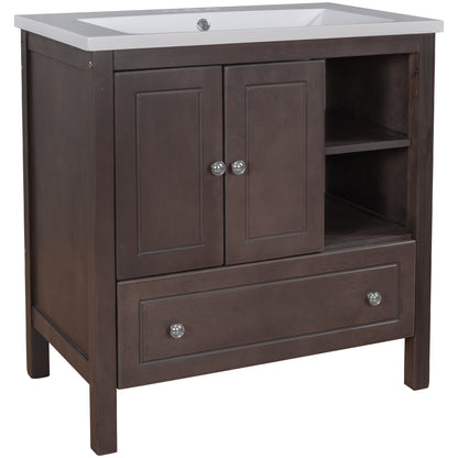 [VIDEO] 30" Bathroom Vanity with Sink, Bathroom Storage Cabinet with Doors and Drawers, Solid Wood Frame, Ceramic Sink, Brown