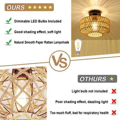 Mini Rattan Flush Mount  Light with Dimmable LED Bulb