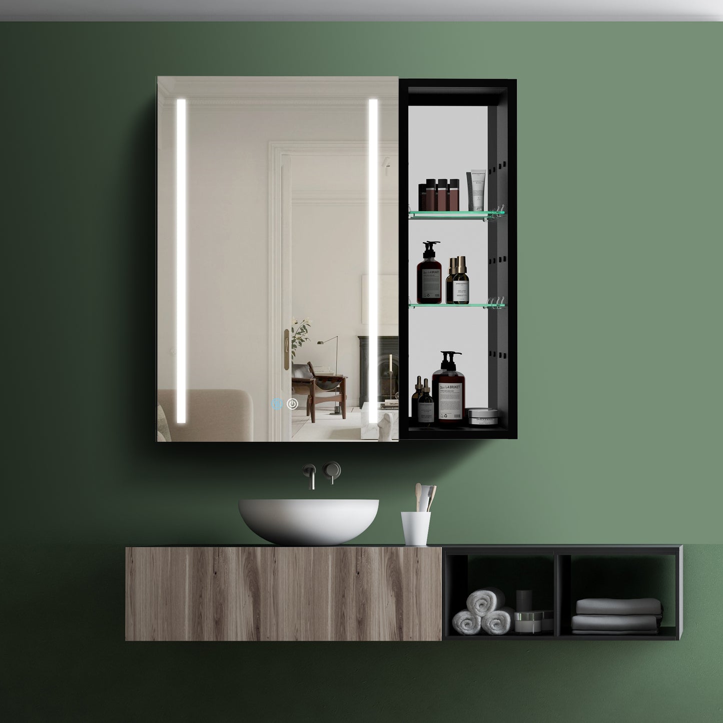 30x30 Inch Bathroom Medicine Cabinets Surface Mounted Cabinets With Lighted Mirror Left Defogging, Small Cabinet No Door