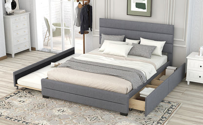 Queen Upholstered Platform Bed with Trundle and Two Drawers,Grey