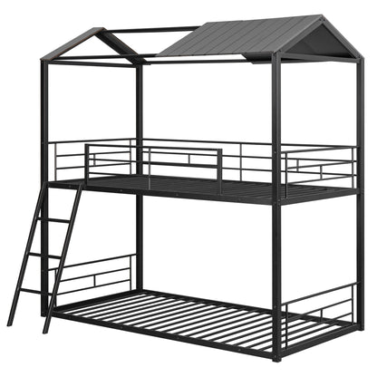 Twin Over Twin Bunk Bed Metal Bed with Half Roof, Guardrail and Ladder Black