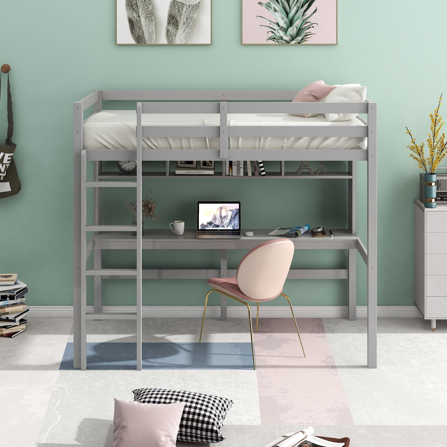 Twin Size Loft Bed with Convenient Desk, Shelves, and Ladder, White(Similar SKU:SM001302AAE)