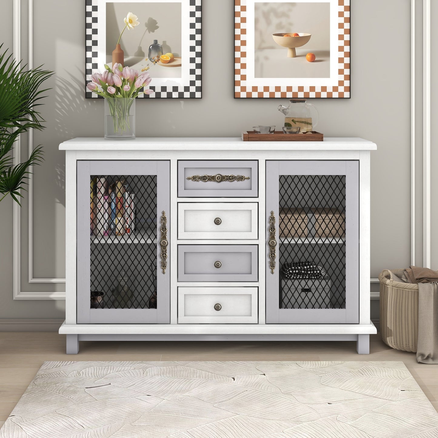 TREXM Retro Style Cabinet with 4 Drawers of the Same Size and 2 Iron Mesh Doors for Living Room and Entryway