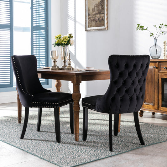 A&A Furniture,Upholstered Wing-Back Dining Chair with Backstitching Nailhead Trim and Solid Wood Legs,Set of 2, Black,8809BK, KD