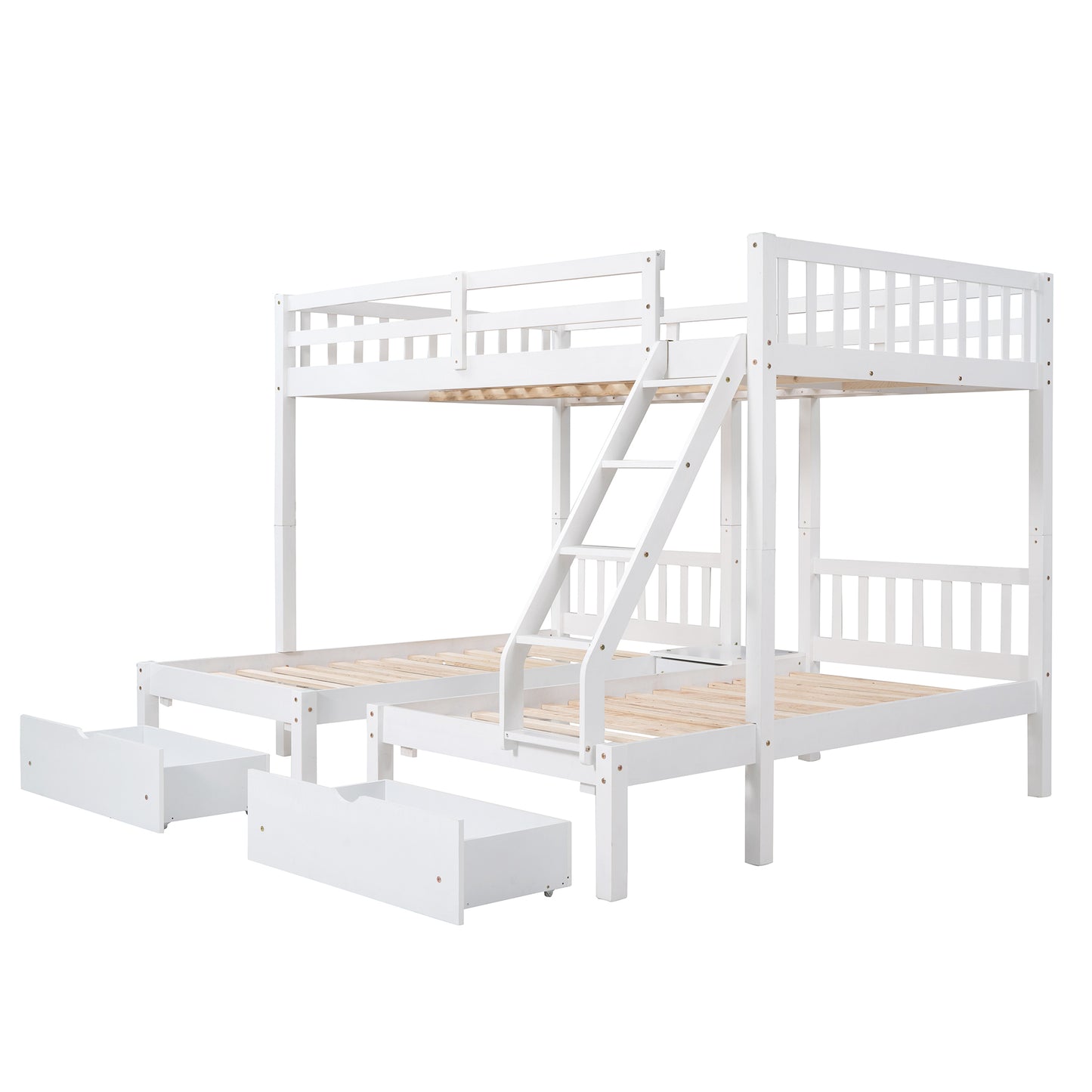 Full Over Twin & Twin Bunk Bed, Wood Triple Bunk Bed with Drawers and Guardrails  (White) （OLD SKU:LP000143AAK）