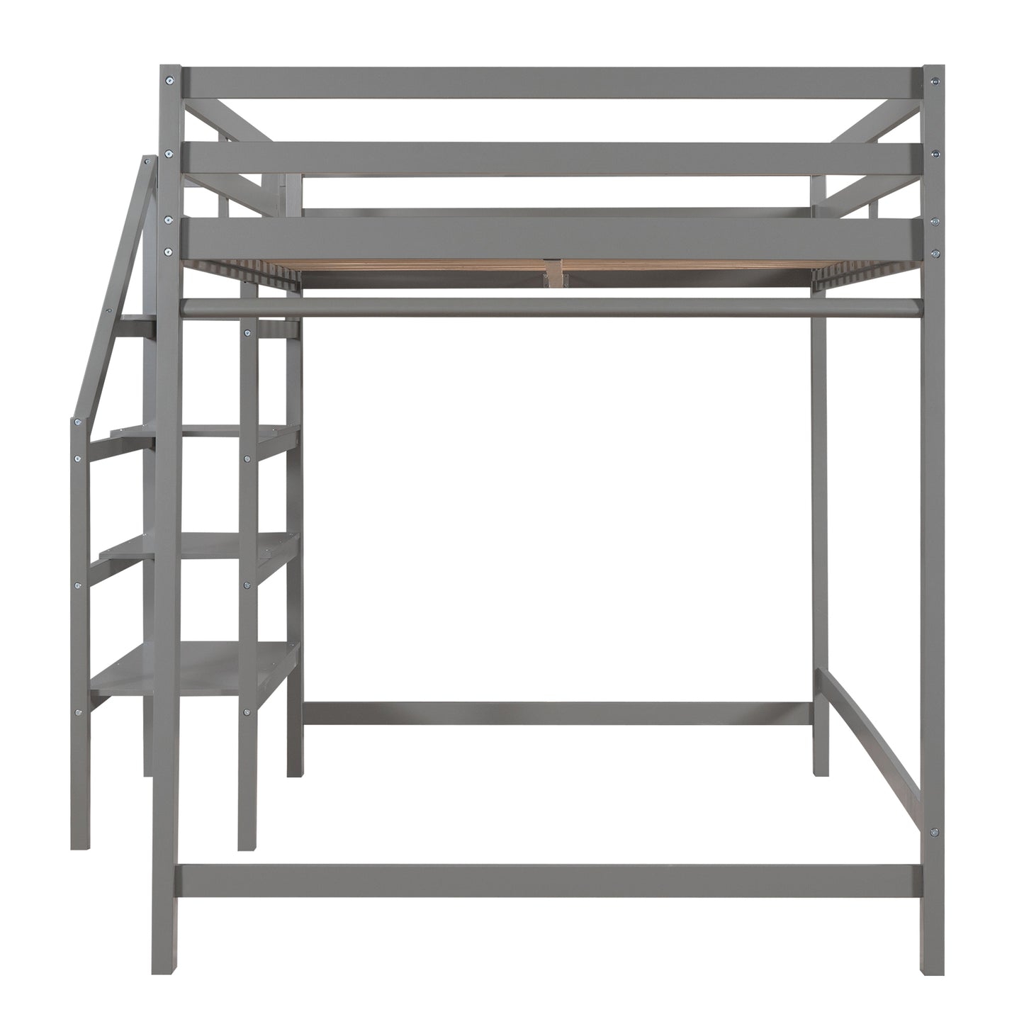 Full Size Loft Bed with Built-in Storage Staircase and Hanger for Clothes,Gray